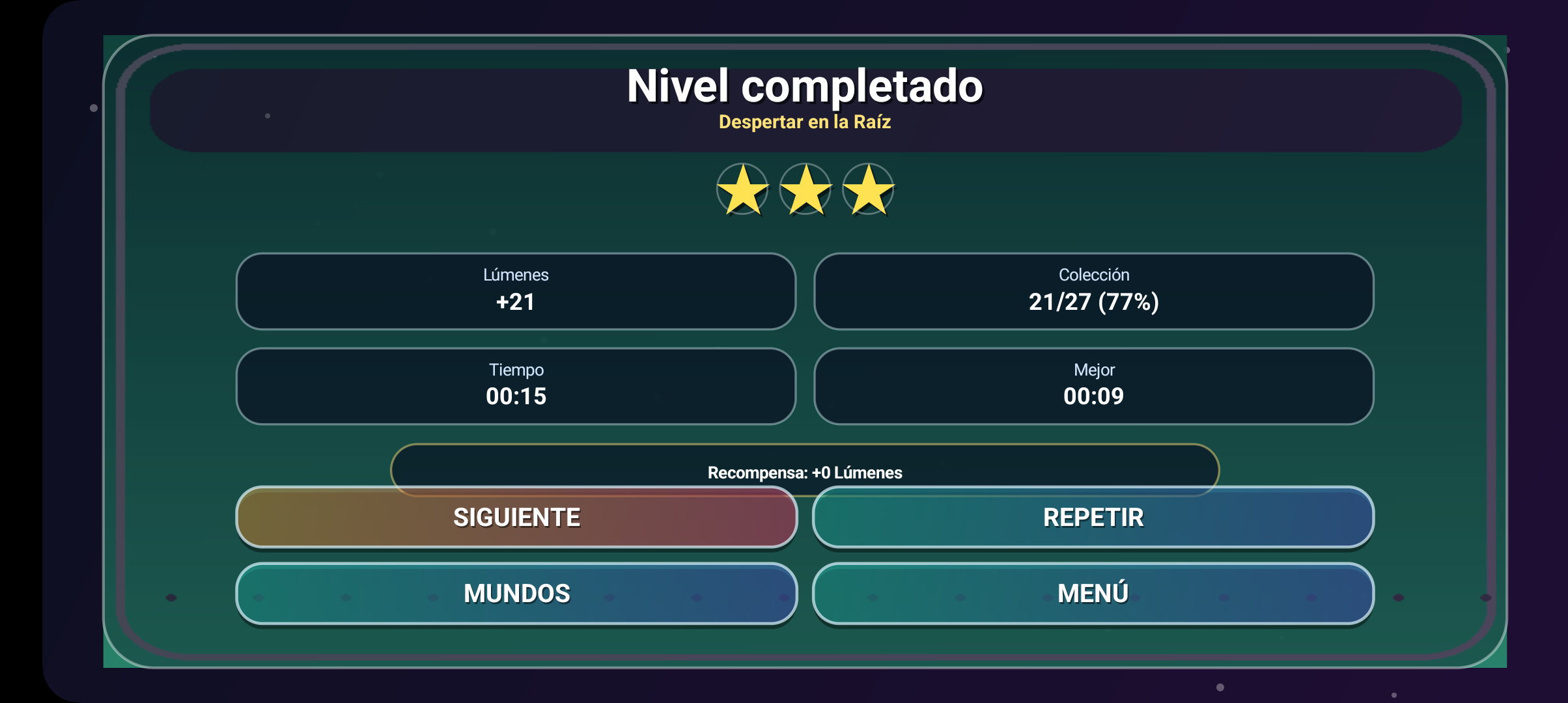 Pantalla de nivel completado de Auralia